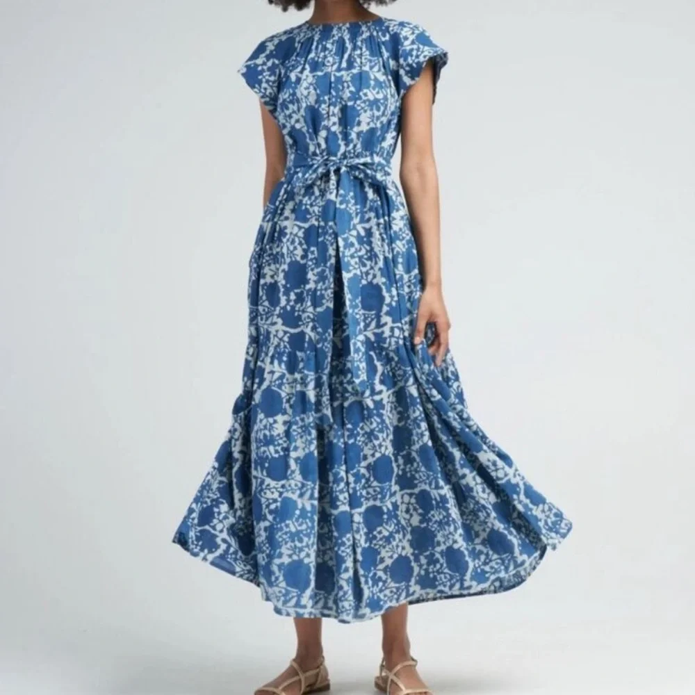 Mirth Caftans VIENNA MAXI DRESS in Blue Floral Sz XL Handcrafted in India Cotton - Picture 1 of 14
